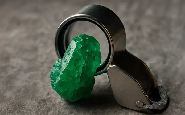 Natural raw emerald crystal examined under a gemologist's loupe to study its geological formation