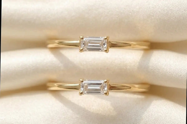 Fine solitaire ring in 18K yellow gold, emerald-cut diamond set in four prongs, natural vs synthetic diamond