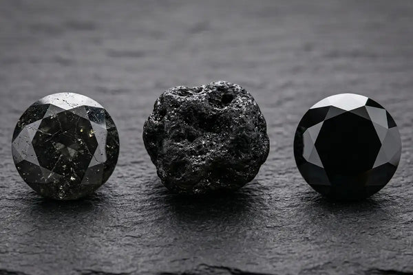 Brilliant cut black diamond resting on light veined marble, high contrast