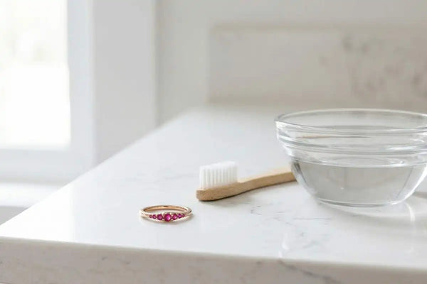 Gently cleaning a ruby ring at home with a brush and soapy water