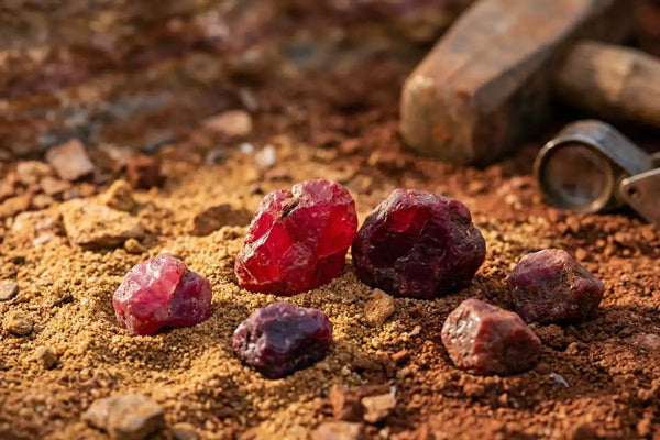 Rough rubies from different origins, in a range of red hues