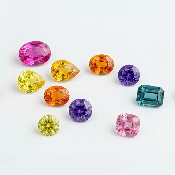 Loose coloured sapphires: pink, yellow, orange, violet and blue, in oval, pear, cushion and brilliant cuts for fine jewellery