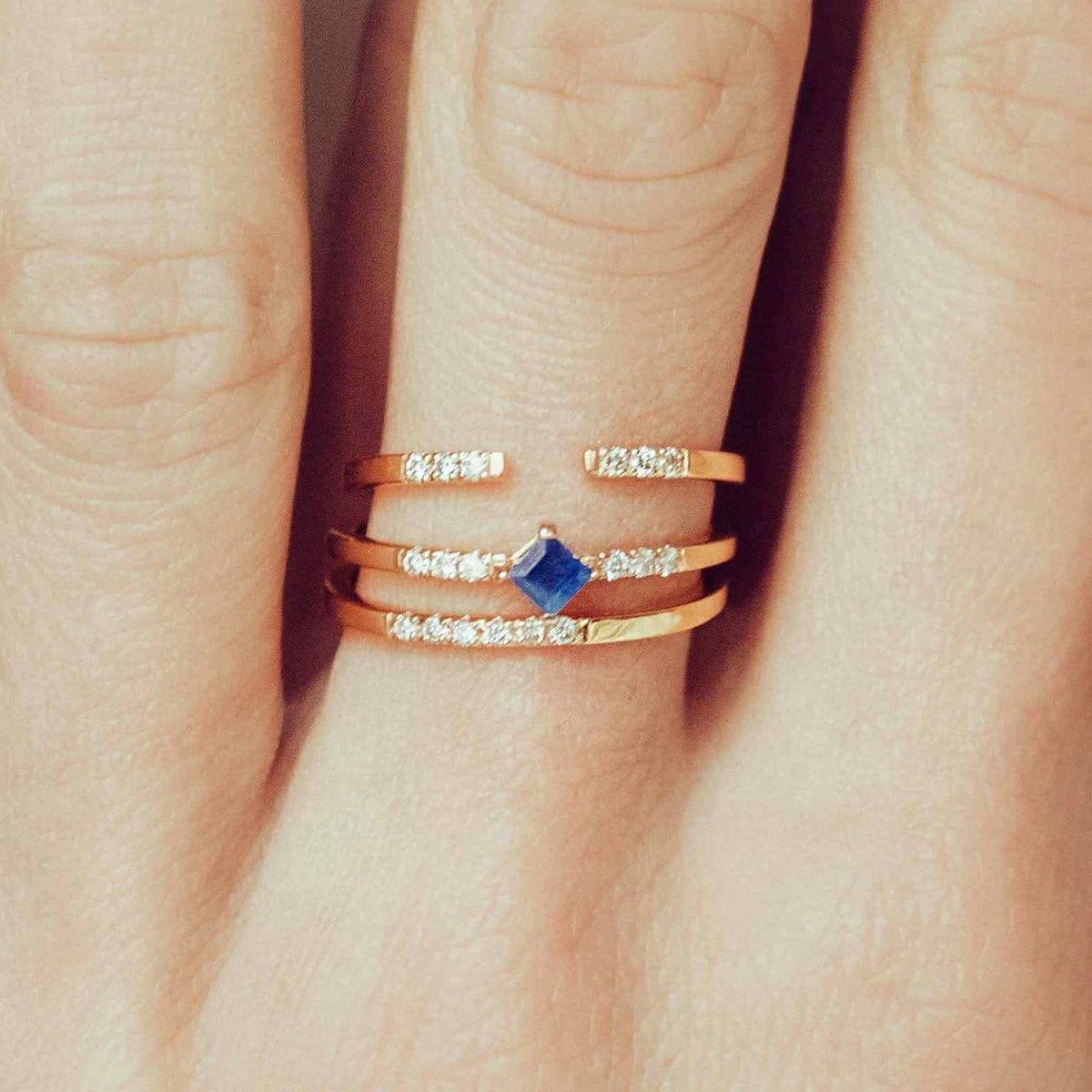 Nisha yellow gold ring sapphire blue and diamonds, fine stackable wedding ring with central square stone and brilliant pavé