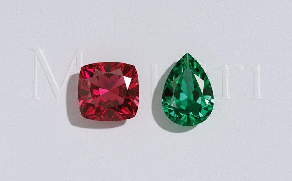 Cushion-cut red garnet and pear-cut green tsavorite, January birthstones in fine jewellery