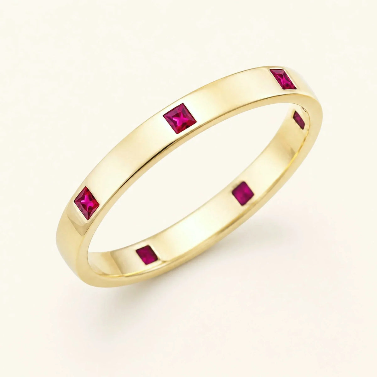Princess cut ruby wedding ring for men in yellow gold