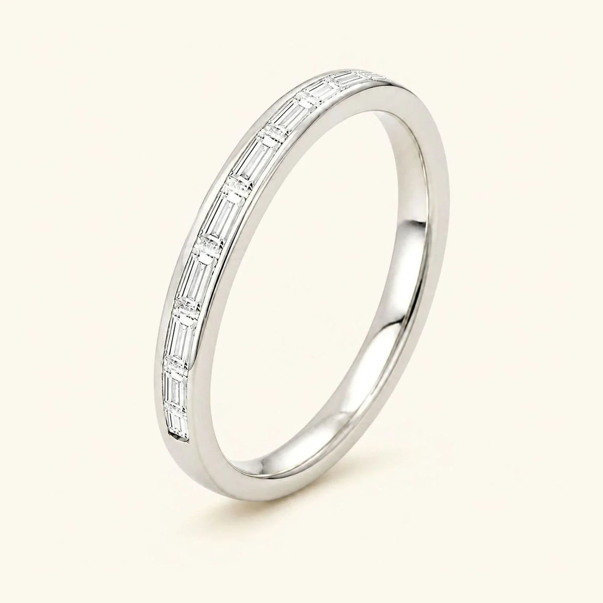 Baguette cut white diamond half-eternity wedding ring for men in white gold