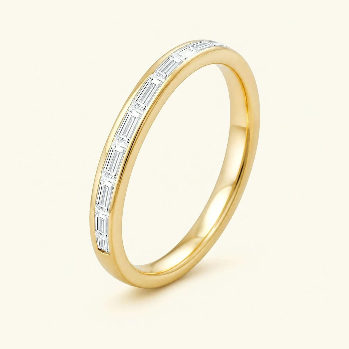 Baguette cut white diamond half-eternity wedding ring for men in yellow gold