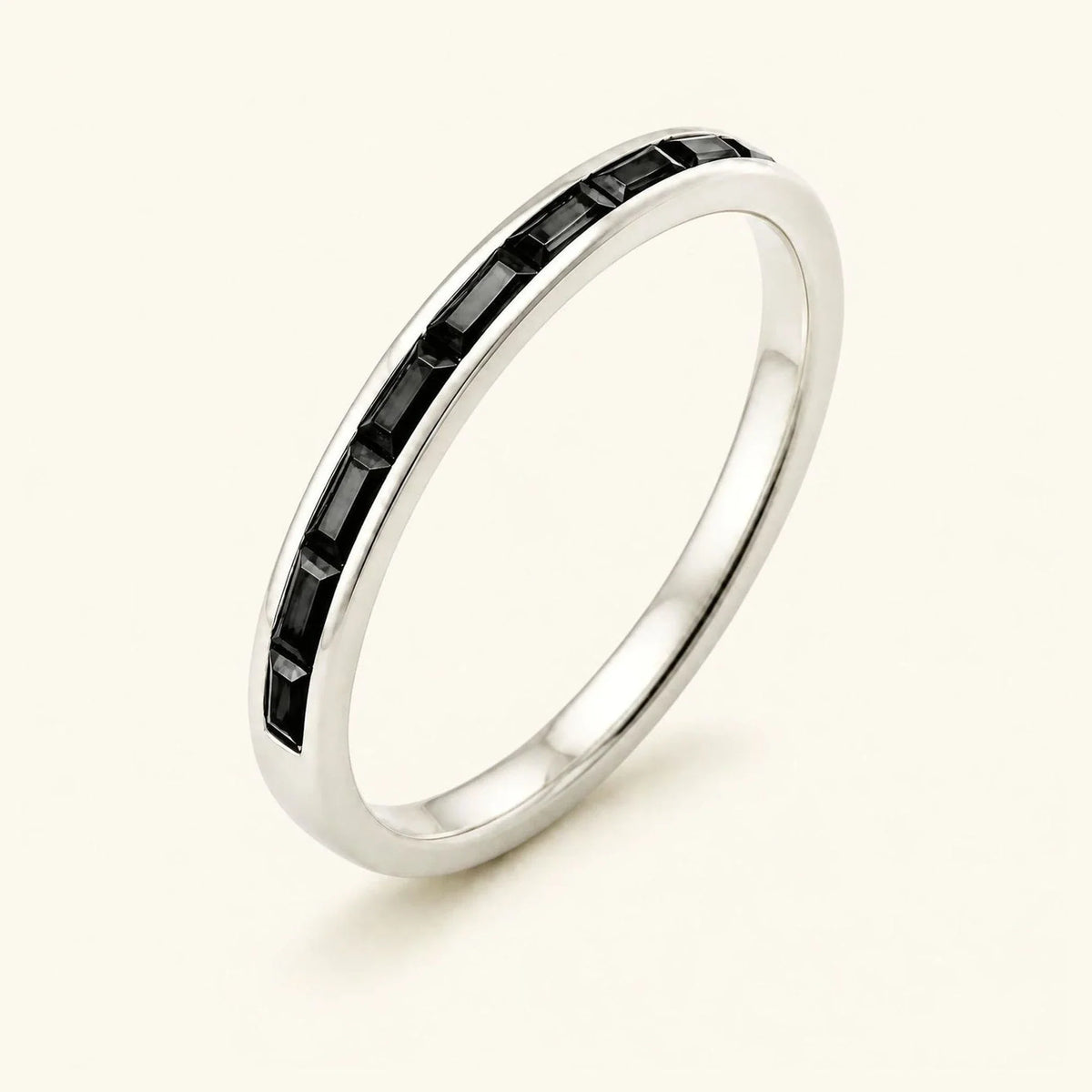 Semi-eternity baguette black diamond wedding ring men's white gold