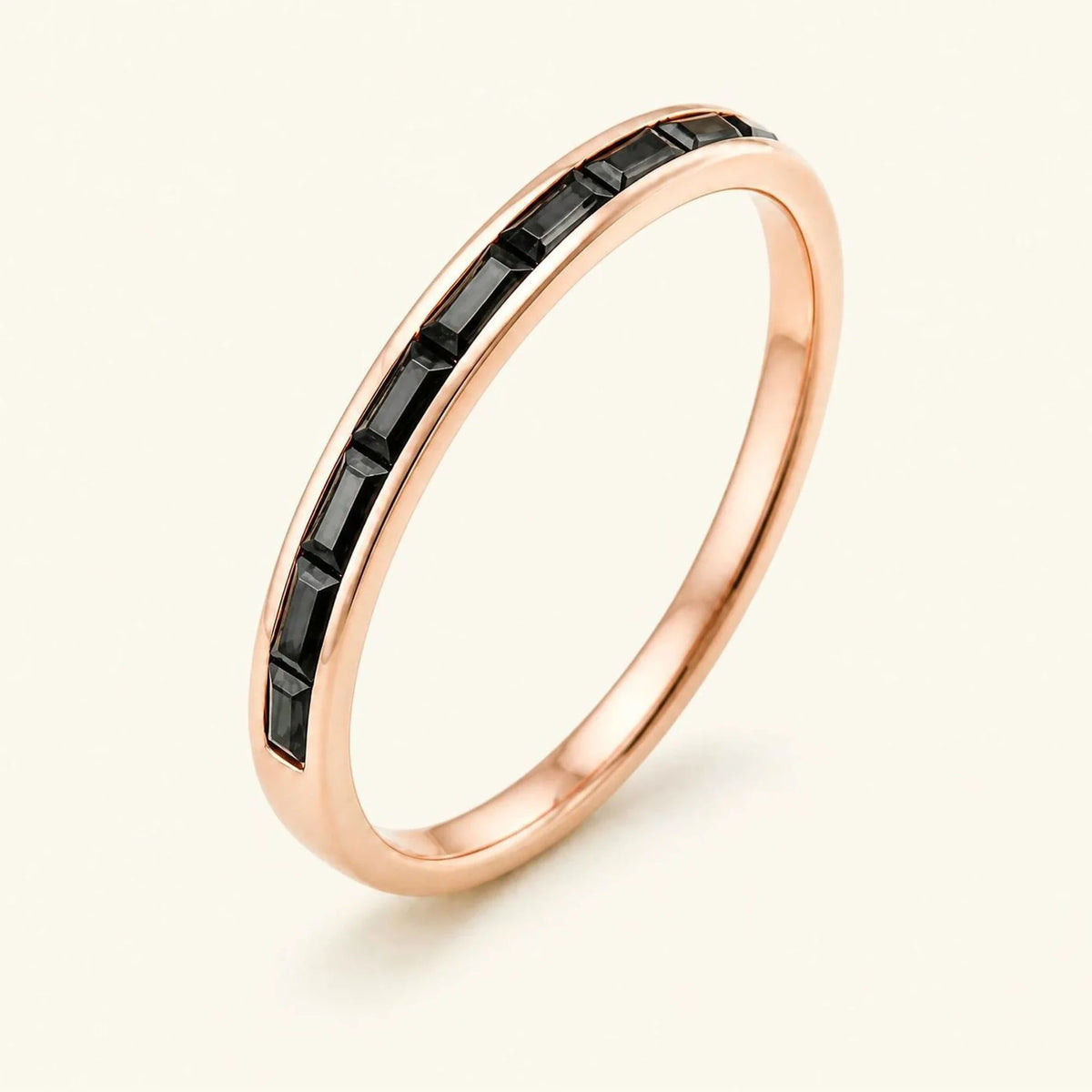 Semi-eternity baguette black diamond wedding ring men's rose gold