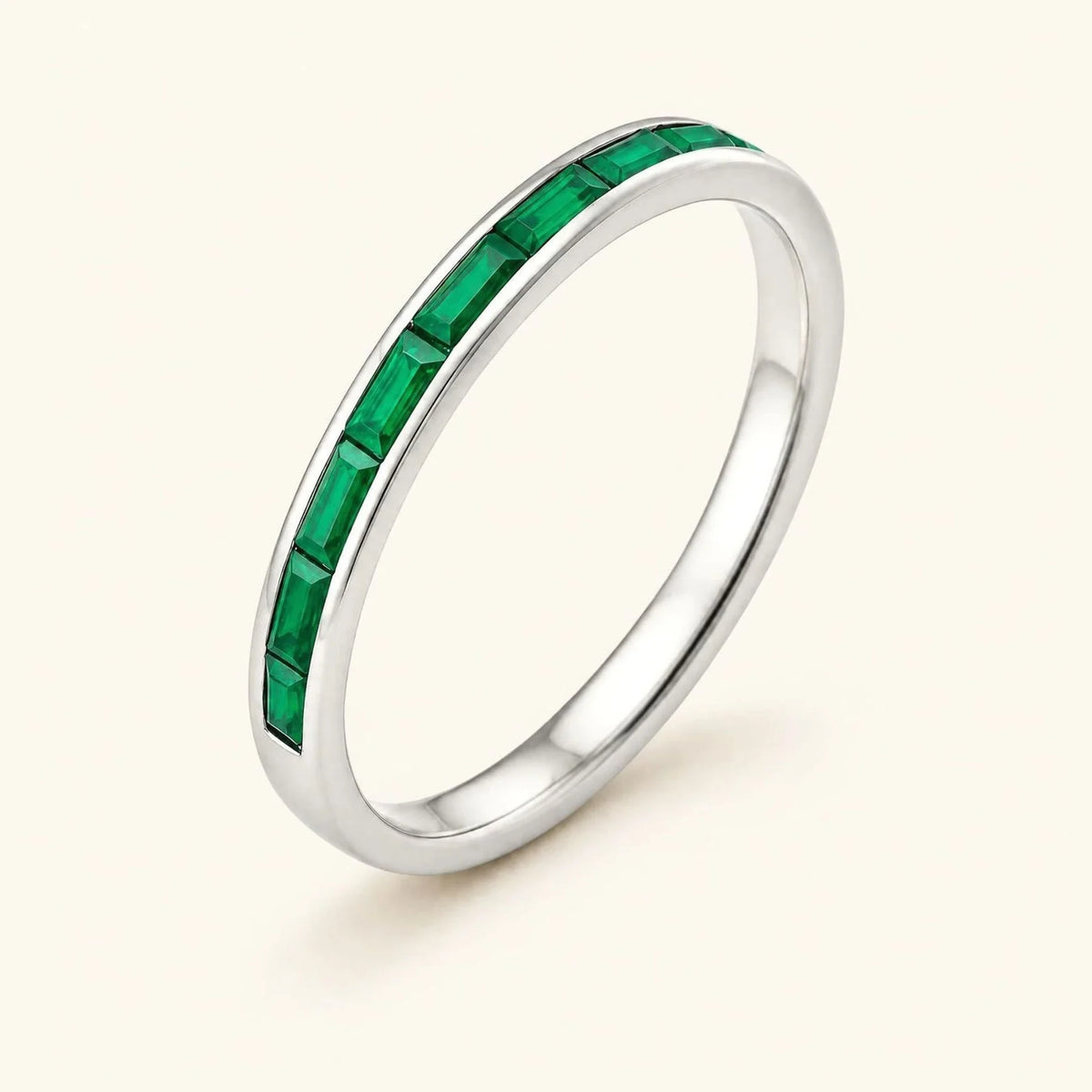 Half-eternity wedding ring baguette cut emeralds for men in white gold