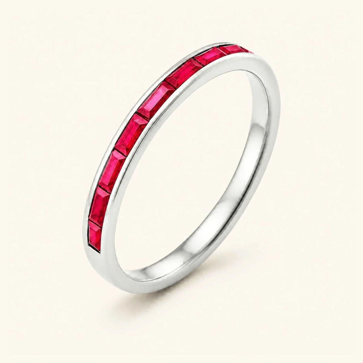 Half-eternity wedding ring baguette cut rubies for men in white gold