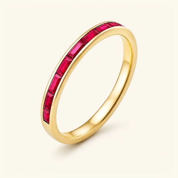 Half-eternity wedding ring baguette cut rubies for men in yellow gold
