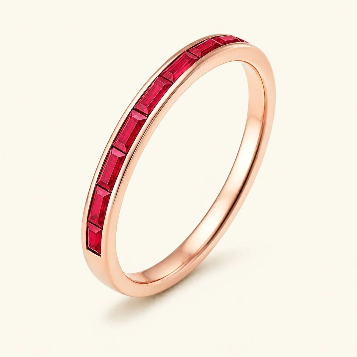 Half-eternity wedding ring baguette cut rubies for men in rose gold