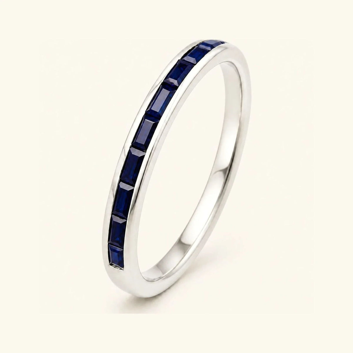 Semi-eternity baguette cut sapphire wedding ring for men in white gold