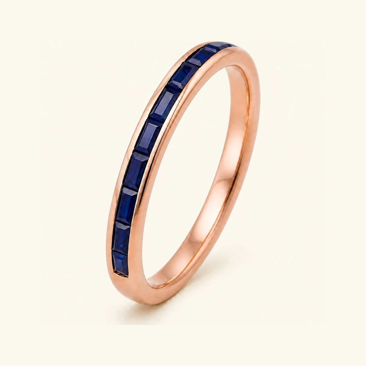 Semi-eternity baguette cut sapphire wedding ring for men in rose gold