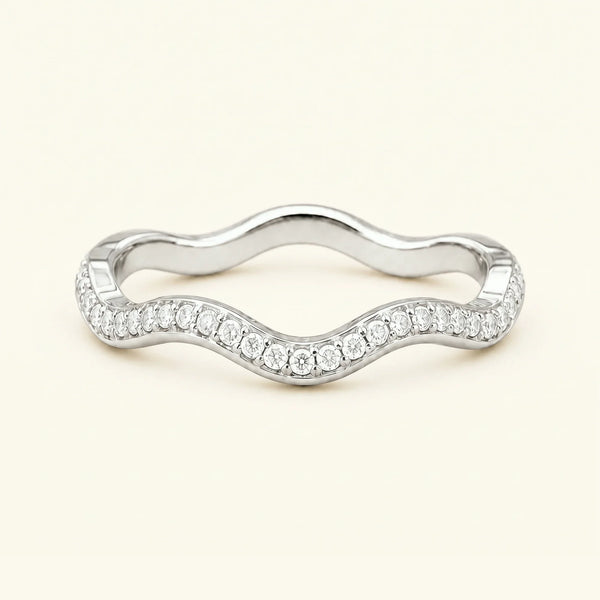 Thalassa wave wedding ring with diamonds in 18K white gold, half-eternity pavé set