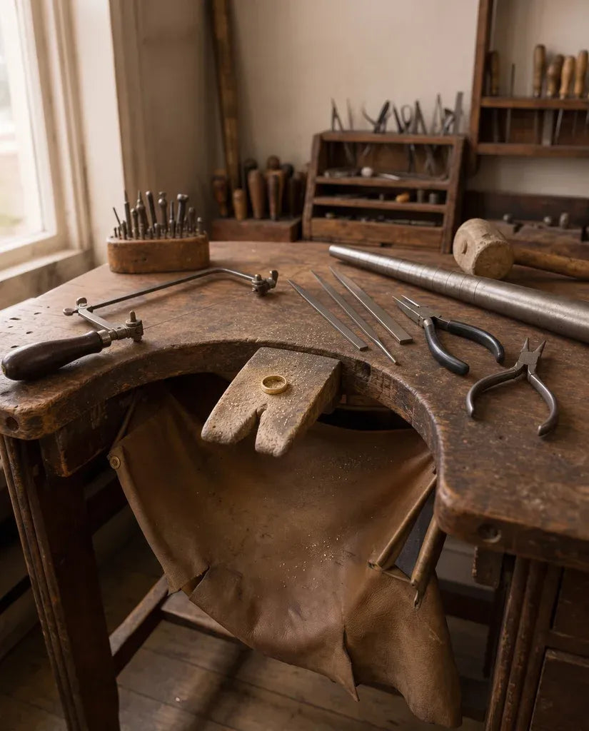 Jeweler's workbench with files, saw frame and a gold ring band being shaped