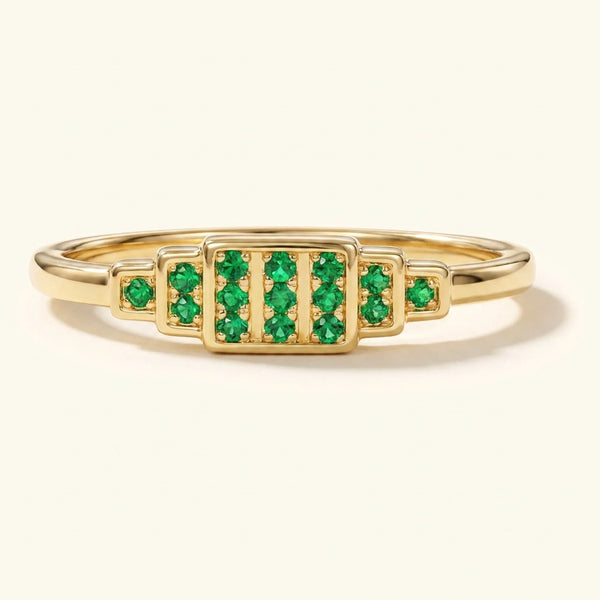 Brami XL geometric art deco wedding ring in yellow gold set with emeralds