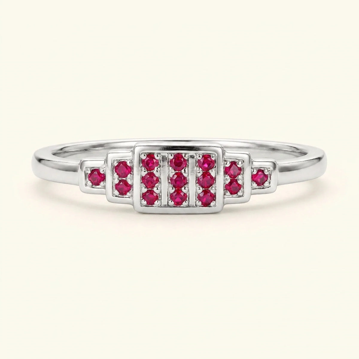White gold Brami XL geometric art deco wedding ring set with rubies