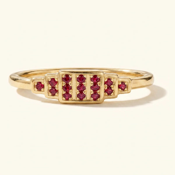 Yellow gold Brami XL geometric art deco wedding ring set with rubies