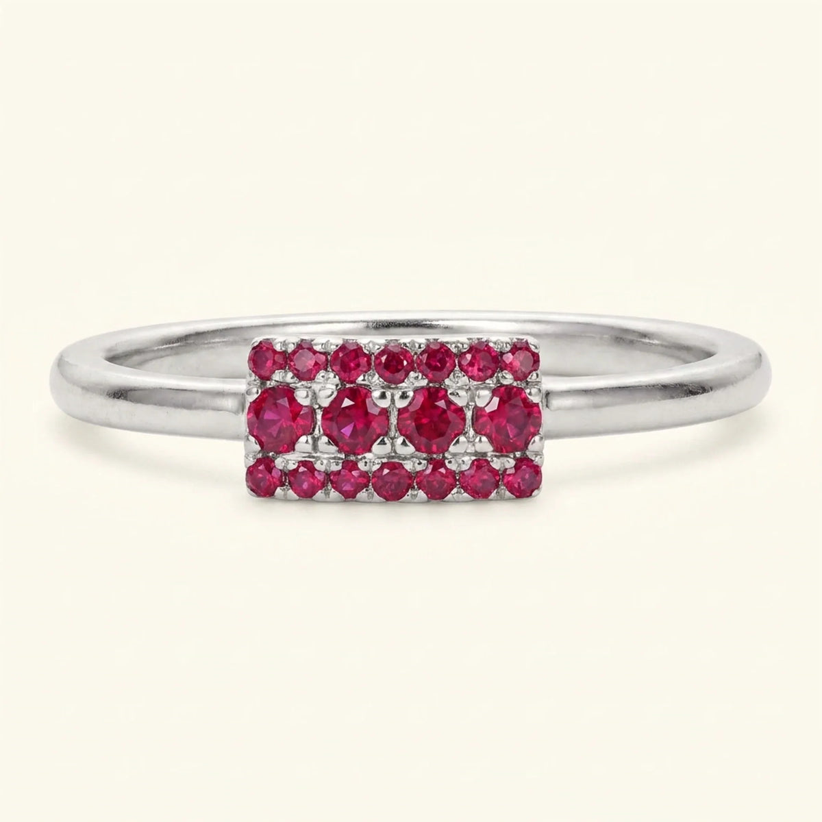 Sapna XL art deco rectangular wedding ring in white gold set with rubies