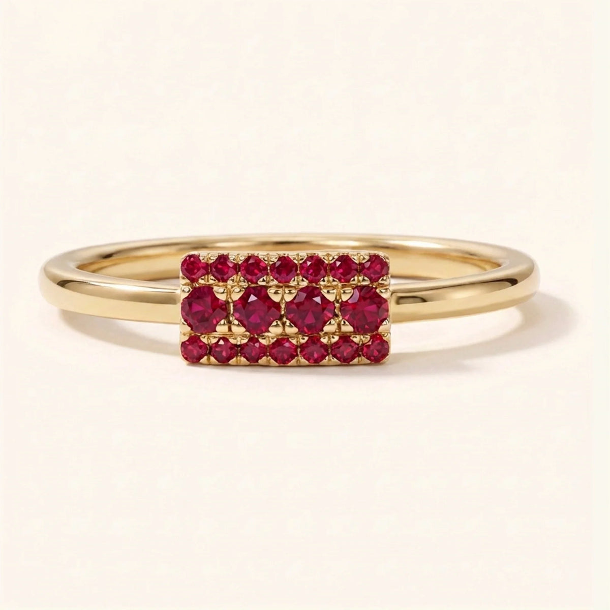 Sapna XL art deco rectangular wedding ring in yellow gold set with rubies