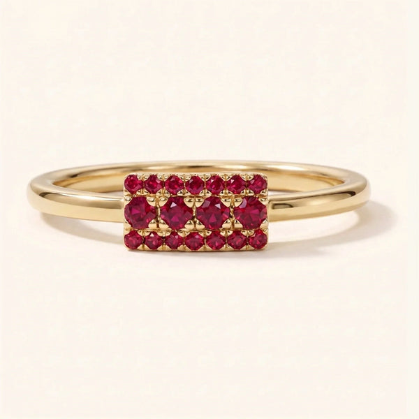 Sapna XL art deco rectangular wedding ring in yellow gold set with rubies
