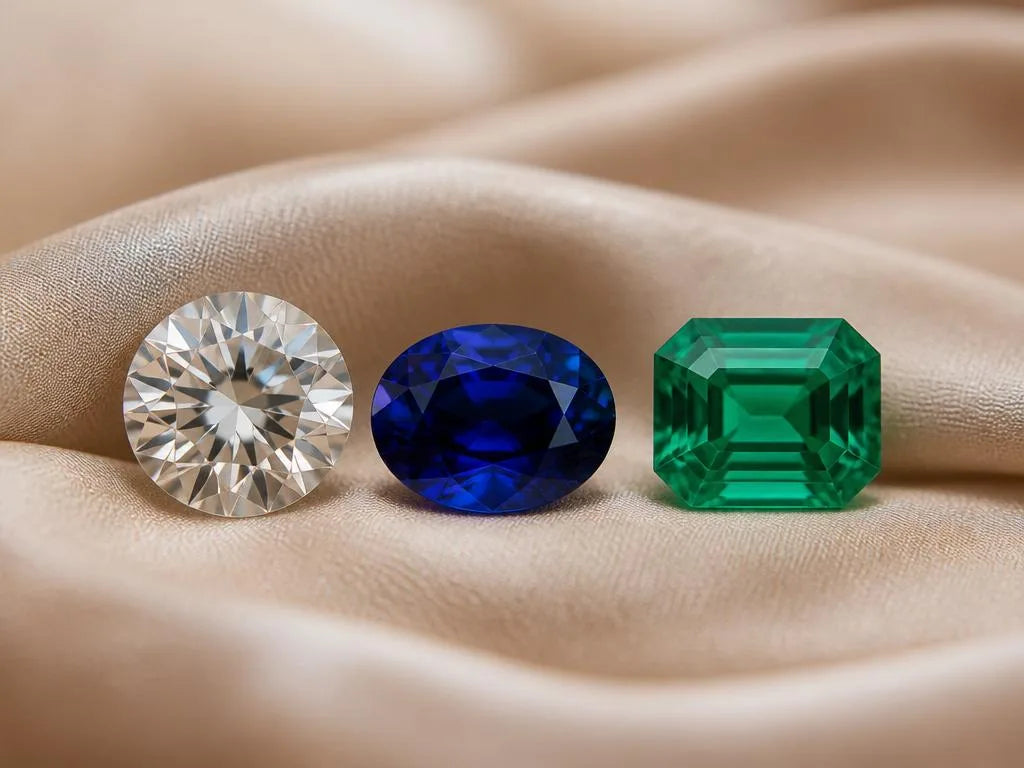 Three precious stones for an engagement ring: a round diamond, an oval blue sapphire, and an octagonal emerald on beige silk