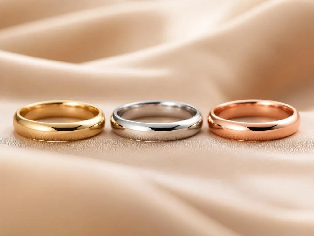 Three 18K gold wedding rings on beige silk: yellow gold, white gold, and rose gold side by side