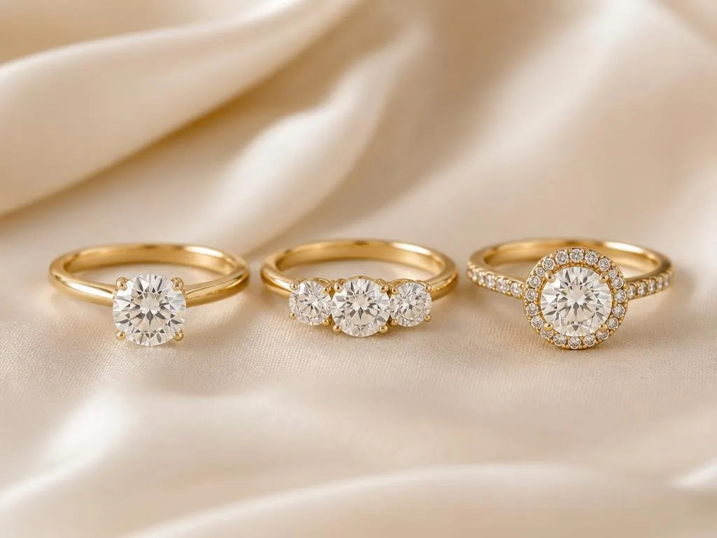 Three engagement ring setting styles in 18K yellow gold: solitaire, trilogy, and diamond halo
