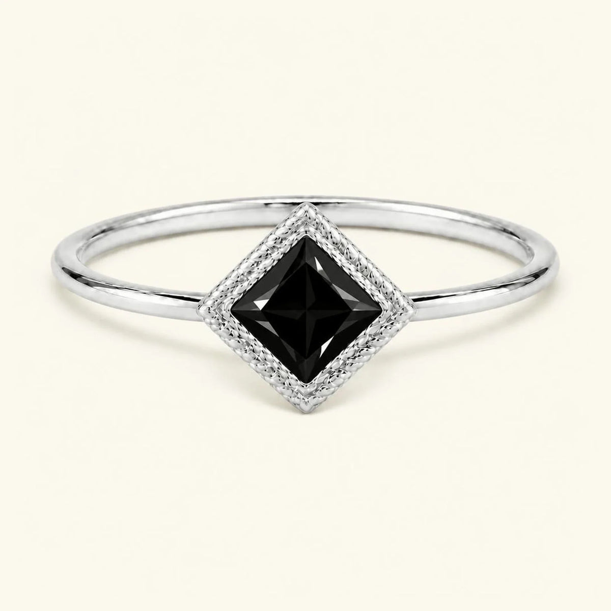 Indrani black diamond solitaire ring, 4mm princess twisted setting 18K white gold