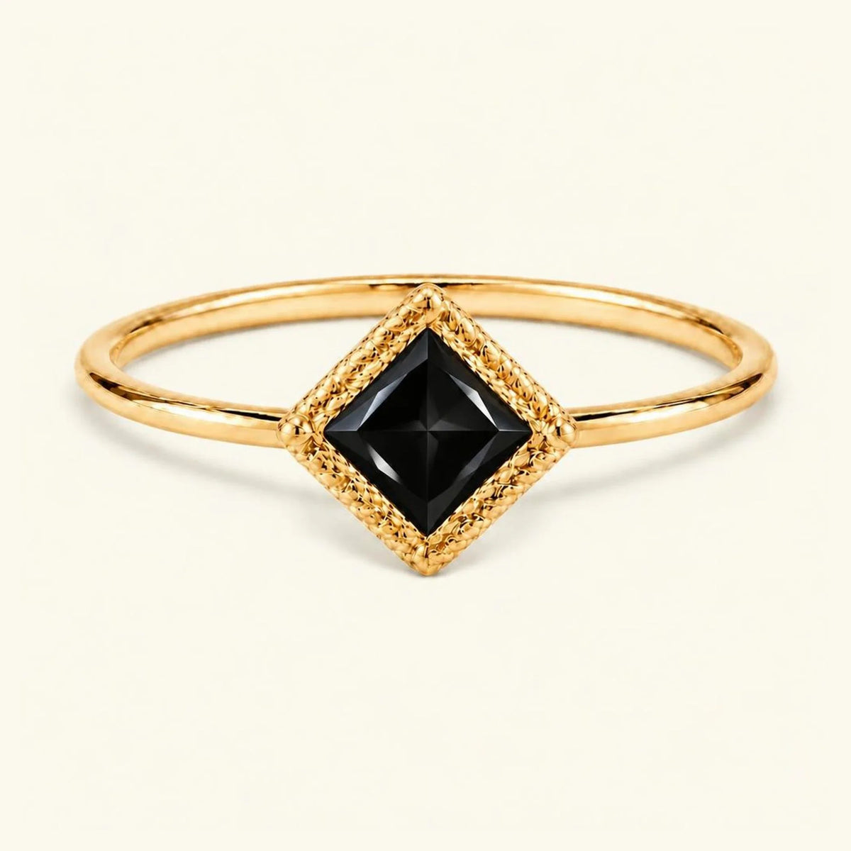 Indrani vintage engagement ring, 4mm princess black diamond solitaire twisted setting 18K yellow gold