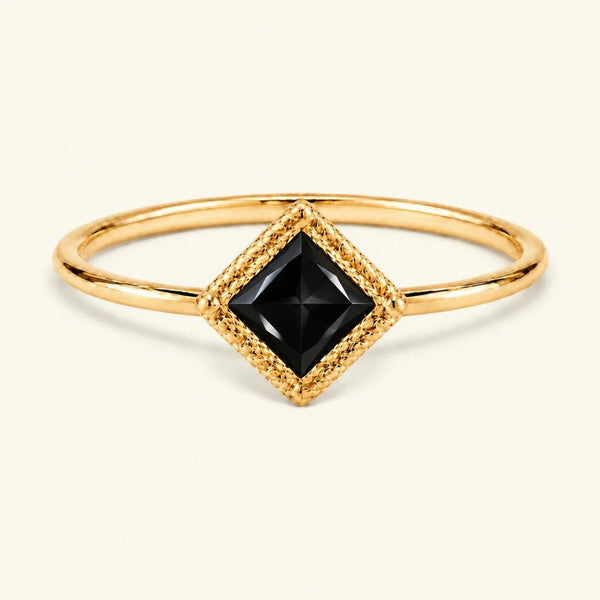 Indrani vintage engagement ring, 4mm princess black diamond solitaire twisted setting 18K yellow gold