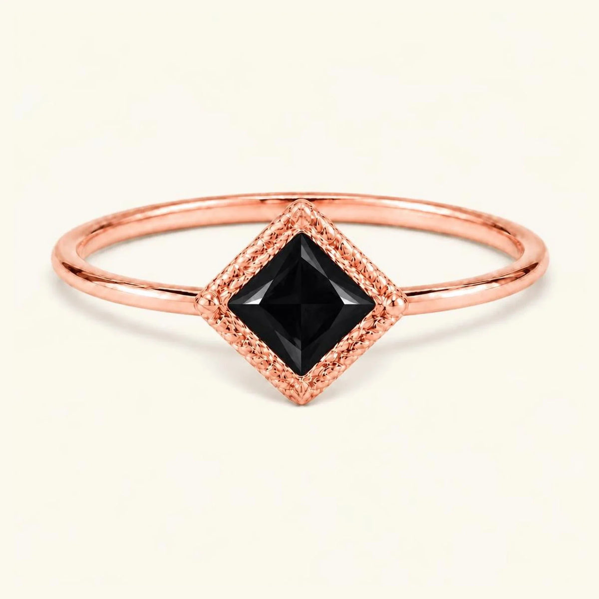Indrani black diamond solitaire ring, princess square stone twisted setting 18K rose gold