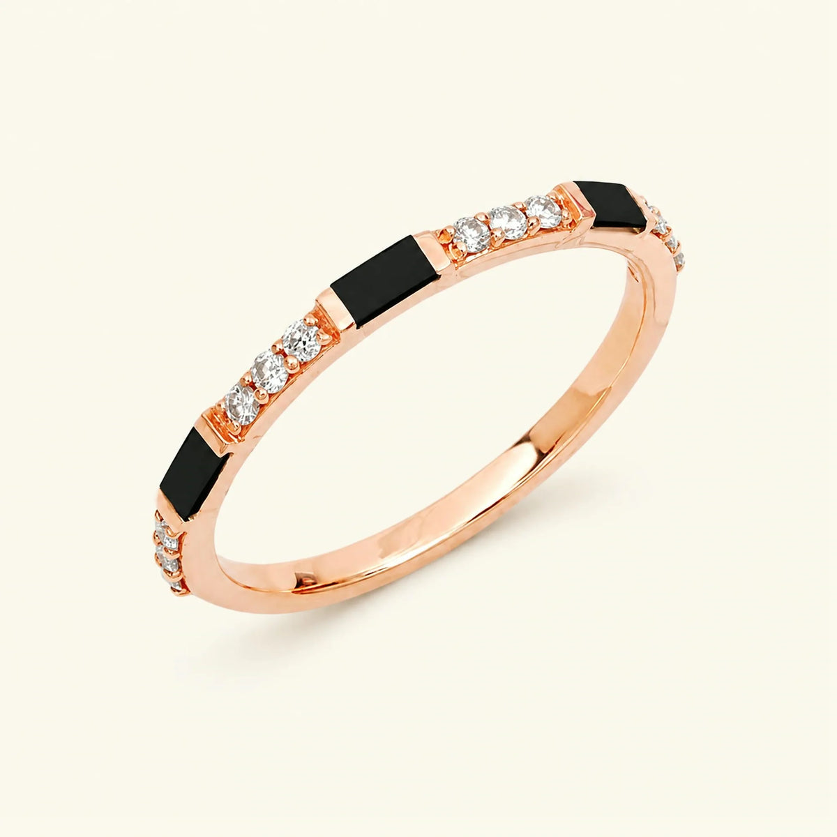 Semi eternity black and white diamond wedding ring in rose gold