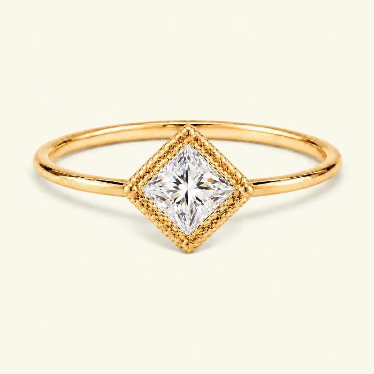 Vintage Indrani engagement ring — diamond solitaire princess cut 4 mm, square stone in twisted rope setting, 18K yellow gold