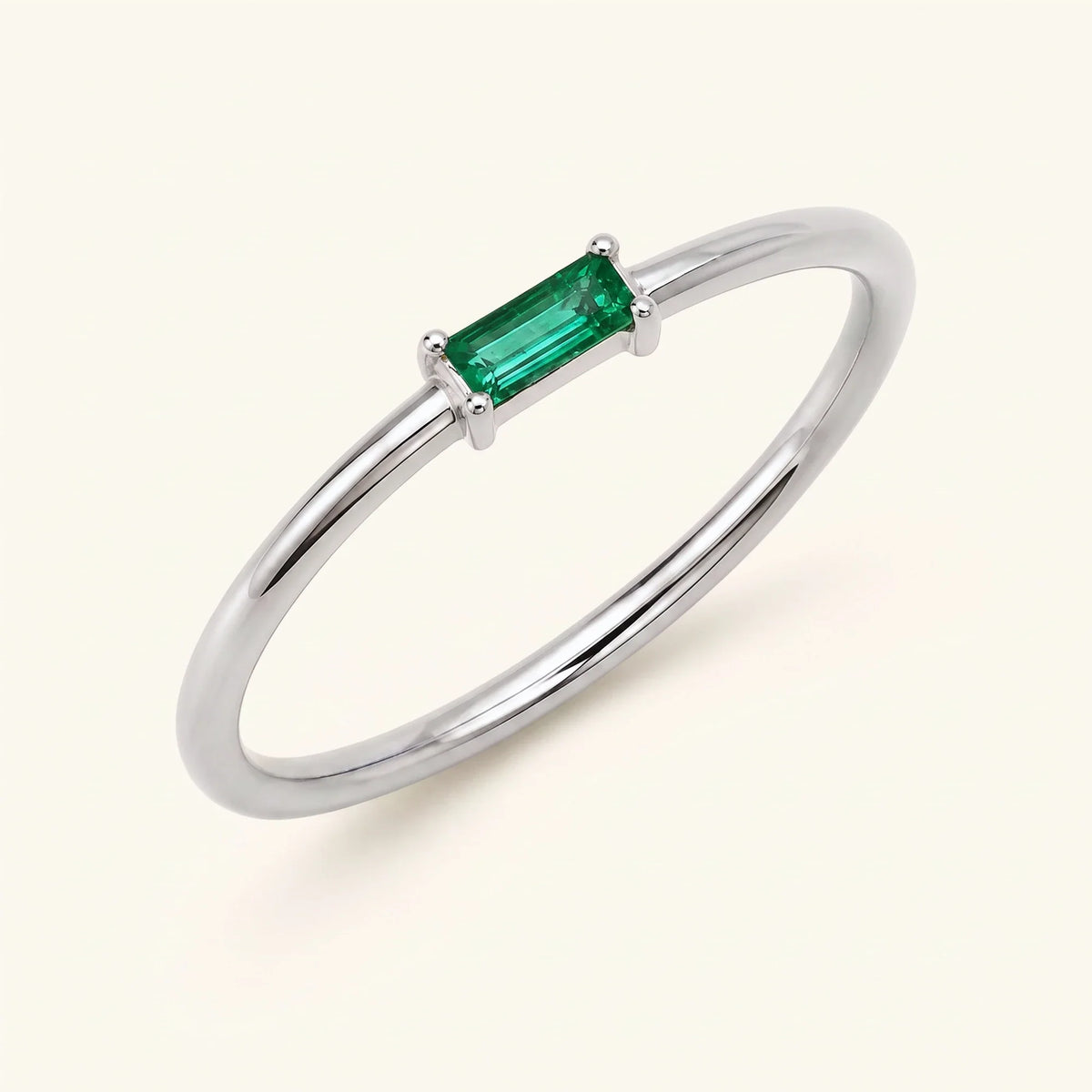 Shanti fine ring green emerald baguette cut set on vermeil silver band minimalist jewellery