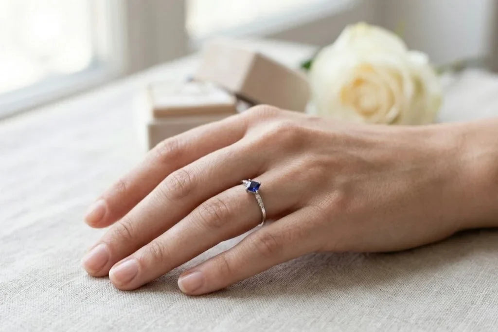 Ring in 18K white gold set with a princess cut blue sapphire and diamonds, worn on the ring finger
