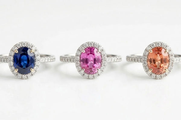 18K white gold ring set with a princess cut blue sapphire and diamonds, worn on the ring finger