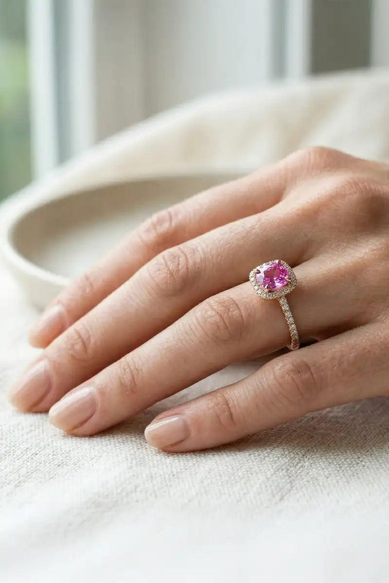 Pink sapphire and 18K yellow gold engagement ring, worn on the hand, close-up of the prong setting