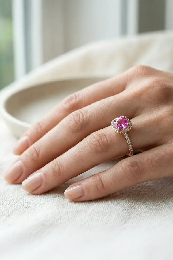 Pink sapphire engagement ring with diamond halo, set in 18K rose gold, worn on the hand