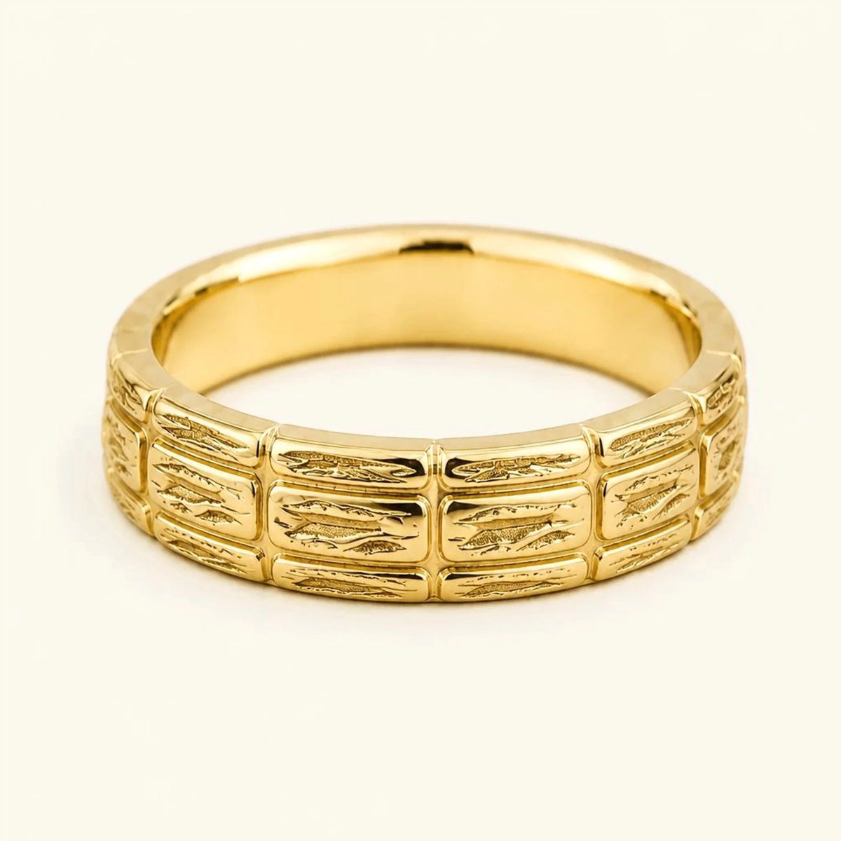 Men's wide Sobek ring in 18K yellow gold, 6 mm band sheathed in three rows of crocodile scales