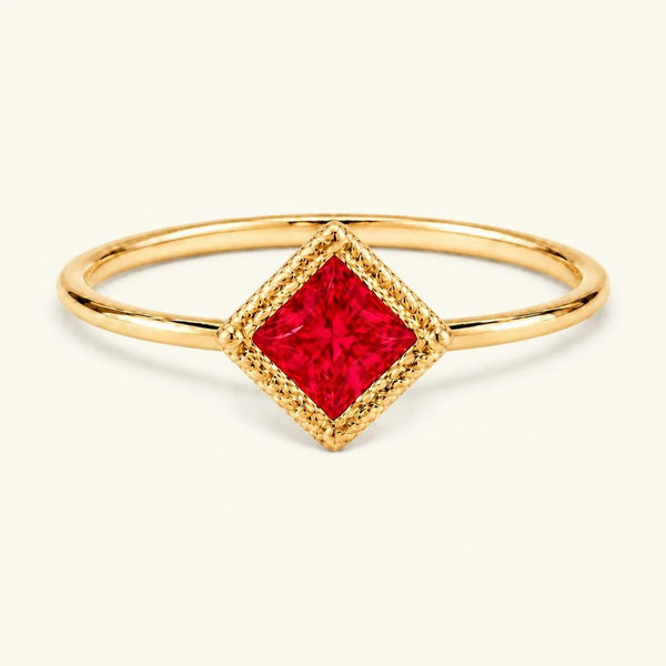 Vintage Indrani engagement ring — ruby solitaire princess cut 4 mm, square stone in twisted rope setting, 18K yellow gold