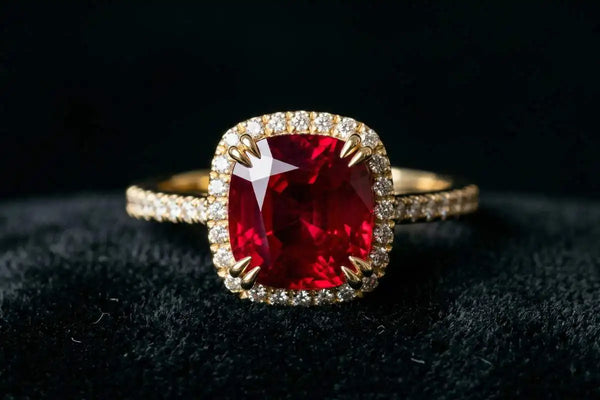Cushion-cut ruby engagement ring with a diamond halo, set in 18K yellow gold