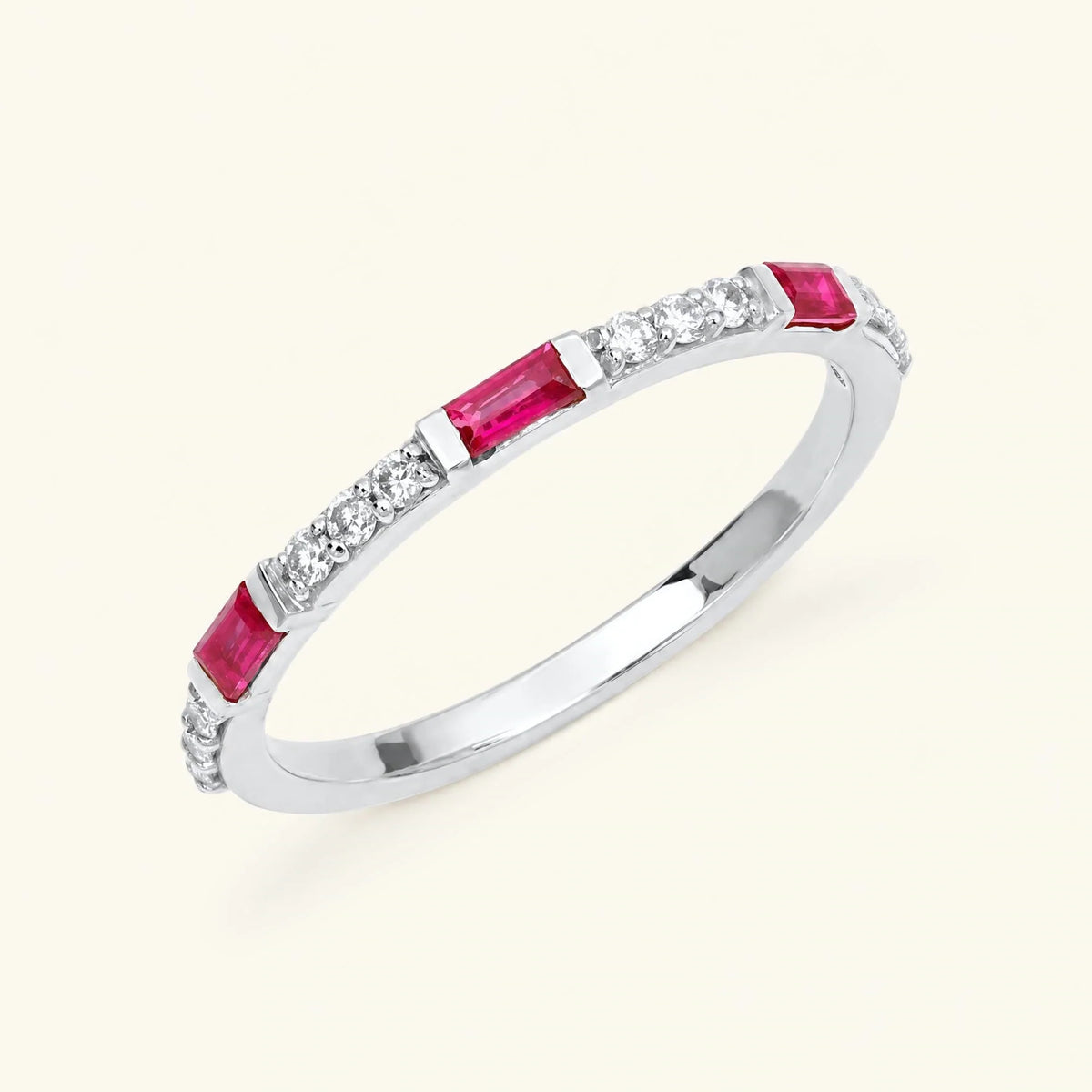 Moksha ruby diamond baguette wedding ring in white gold