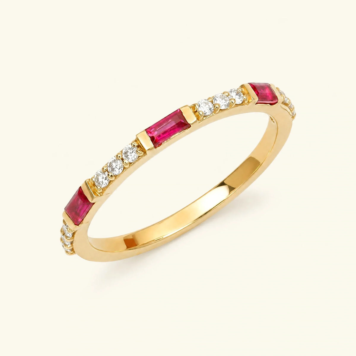 Moksha ruby diamond baguette wedding ring in yellow gold