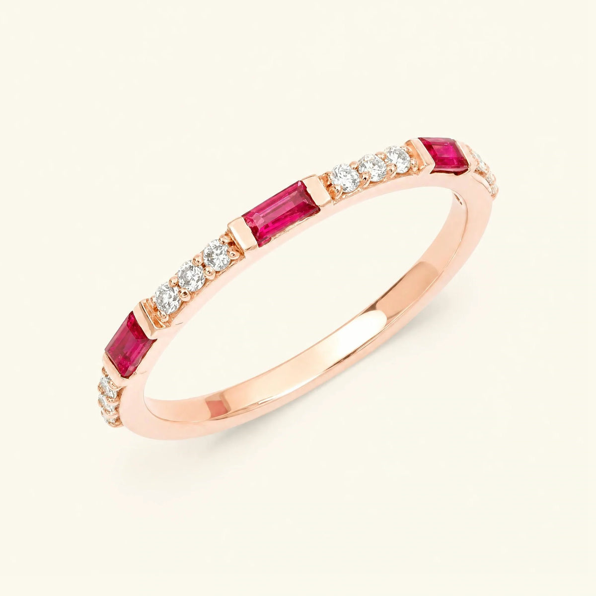 Moksha ruby diamond baguette wedding ring in rose gold
