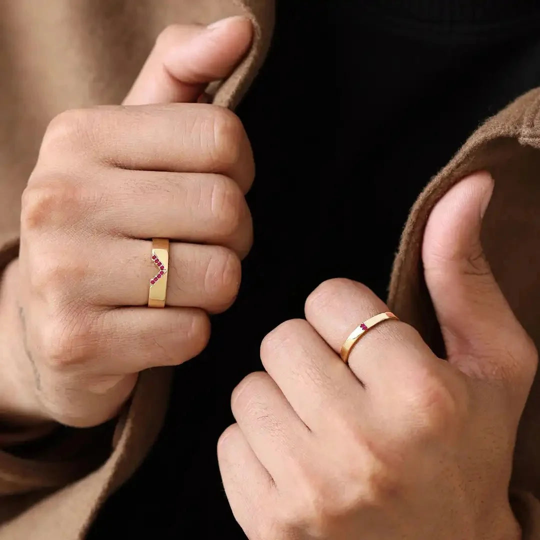 Rudra and Kabir ruby engagement rings 18K gold