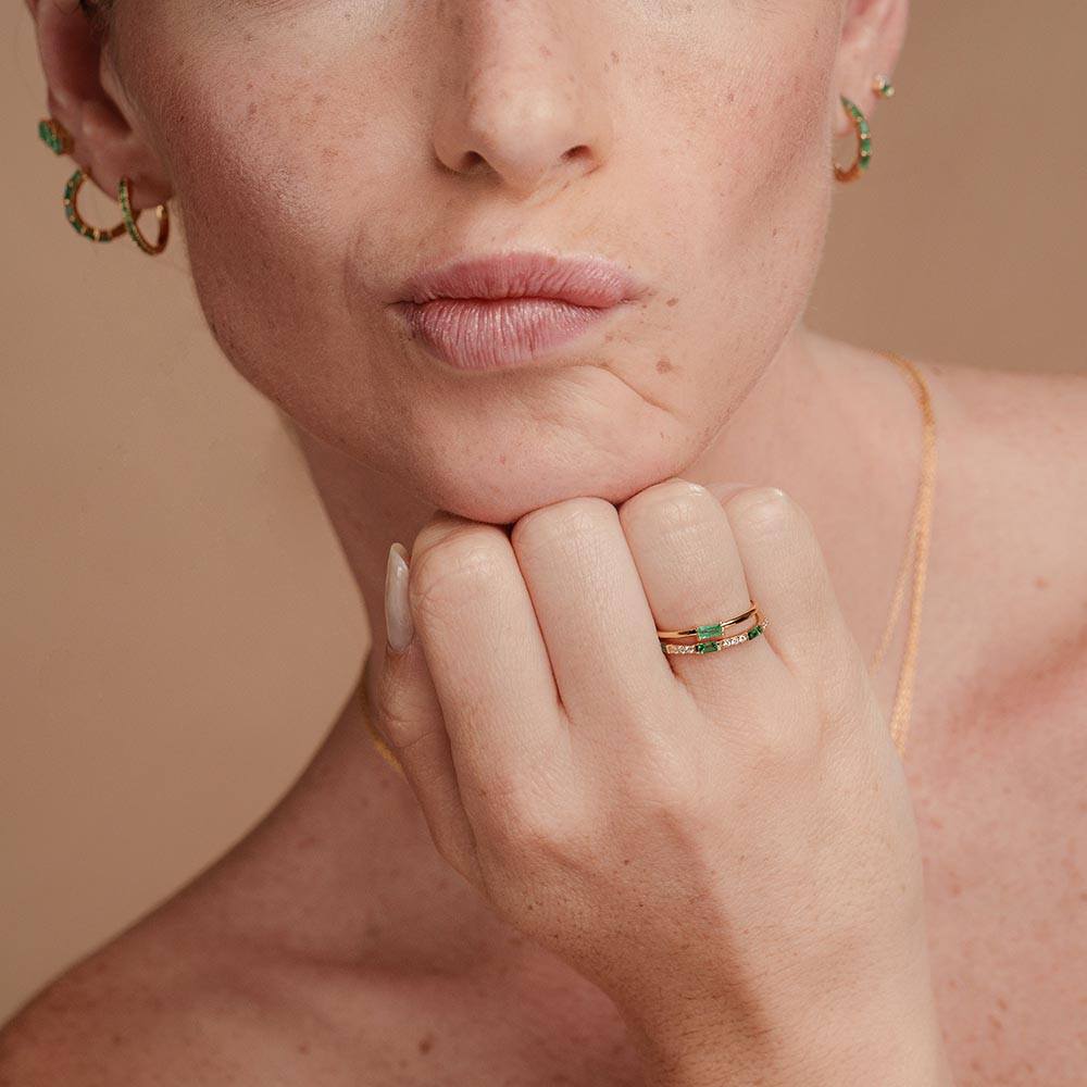 Emerald and diamond engagement ring and wedding band