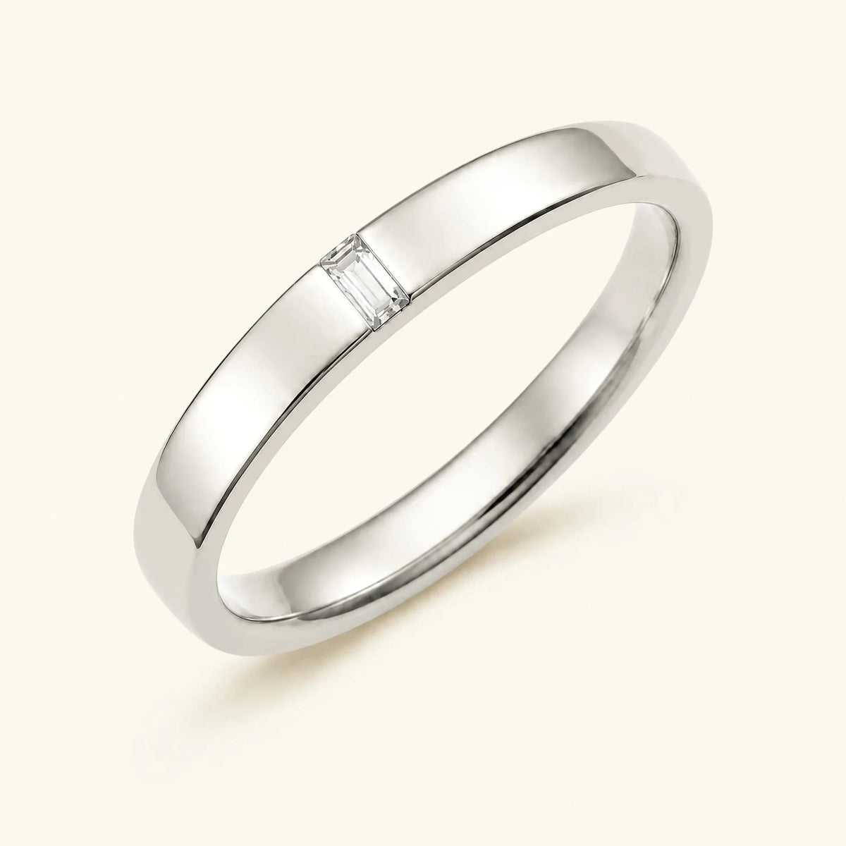Baguette cut white diamond solitaire ring for men in white gold